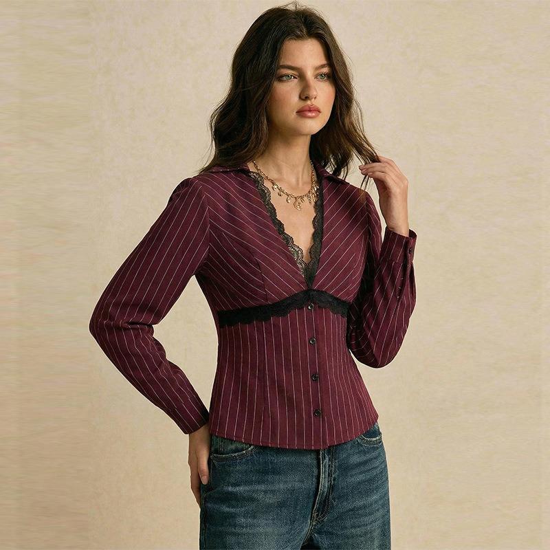 

Кружевная рубашка с длинным рукавом Осень-Зима Тонкая полосатая рубашка для женщин S красный