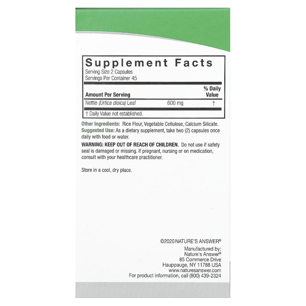 Nature'S Answer, Nettle, 600Mg, 90 Veggie Caps (300Mg per Capsule)