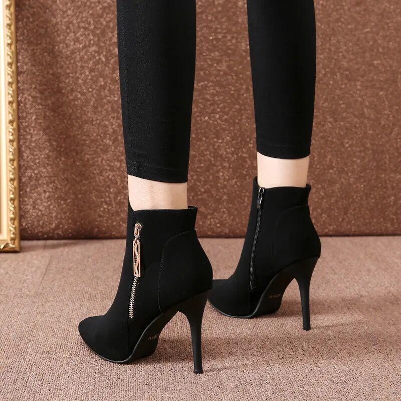 Fashion Sexy Black Suede Ankle Boots for Women Very High Heels Pole Woman Short Shoes Footwear Trend 2025 On Offer Y2k New In Pu Booties