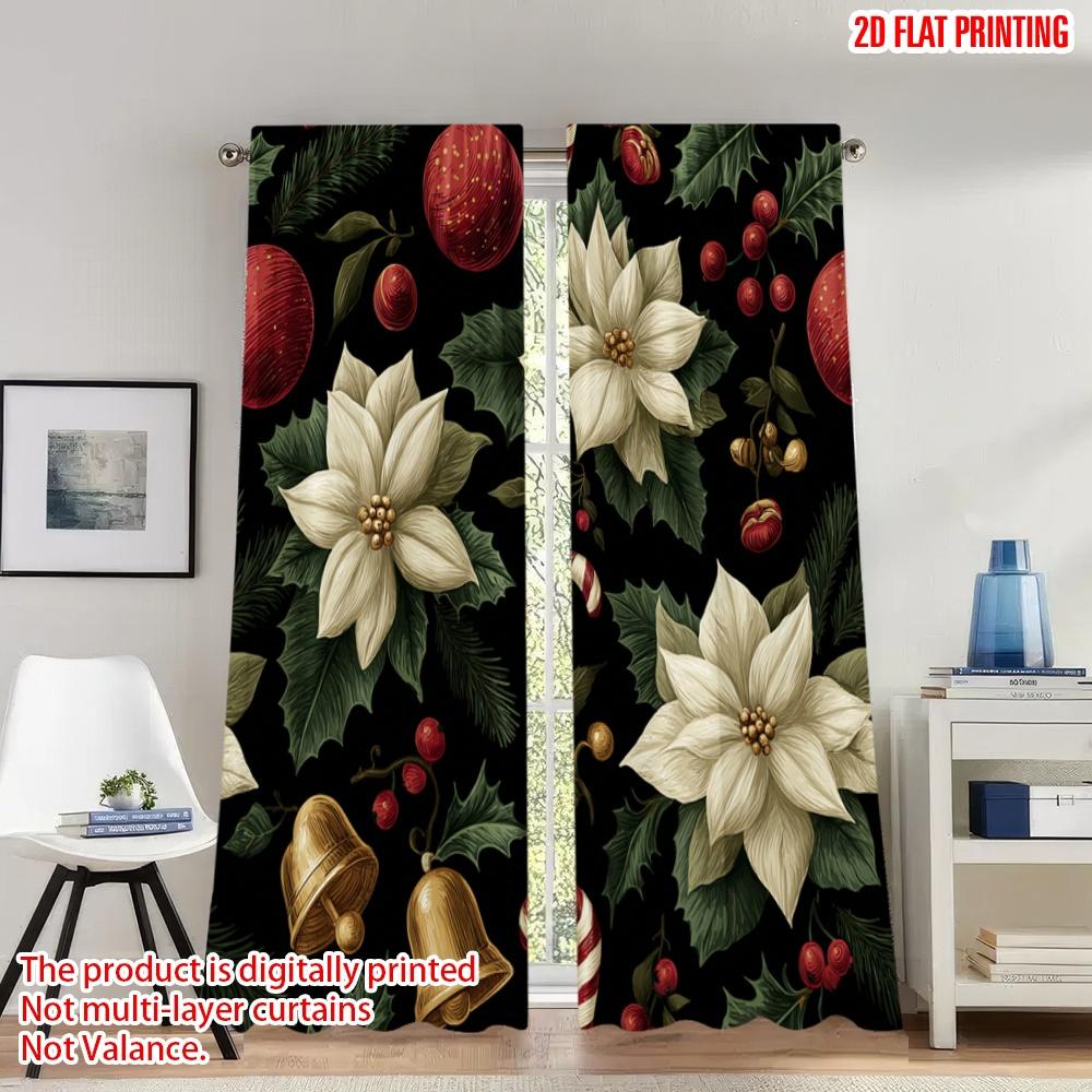

Set Of 2 Classic Flat Printing Christmas Curtains Poinsettia Holly Bells Digital Printed Polyester Drapes Festive Curtain Made W100*H70(CM)-Grommet top&2PCS