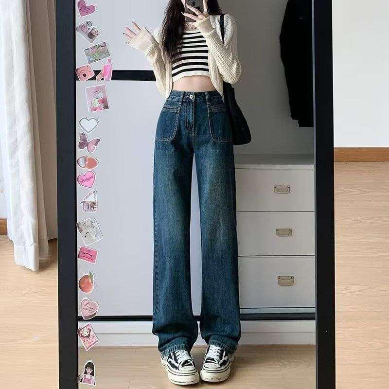 

Women s High Waist Wide Leg Jeans - Autumn 2026 Collection, Loose Fit, Floor-Length Drape Small светло-синий