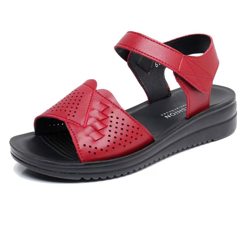 Women s Summer New Leather Flat Sole Sandals Open Toe Lightweight Soft Sole Non Slip Velcro Middle Aged And Elderly Loose Sandal 35 красный 3730₽