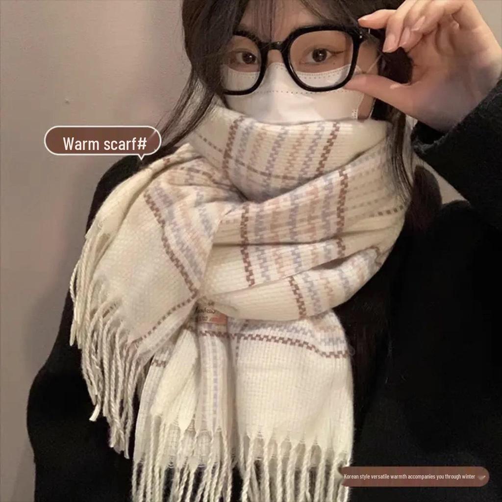 Korean Style Imitation Cashmere Plaid Scarf - Women's Warm, Thick, and Versatile Neck Warmer for Fall and Winter.
