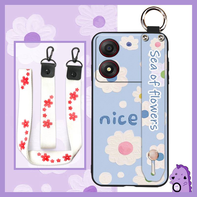 Kickstand Oil Painting Phone Case For ZTE Blade A34 Anti-dust Ring Fashion Design Anti-knock Lanyard Wrist Strap Flower