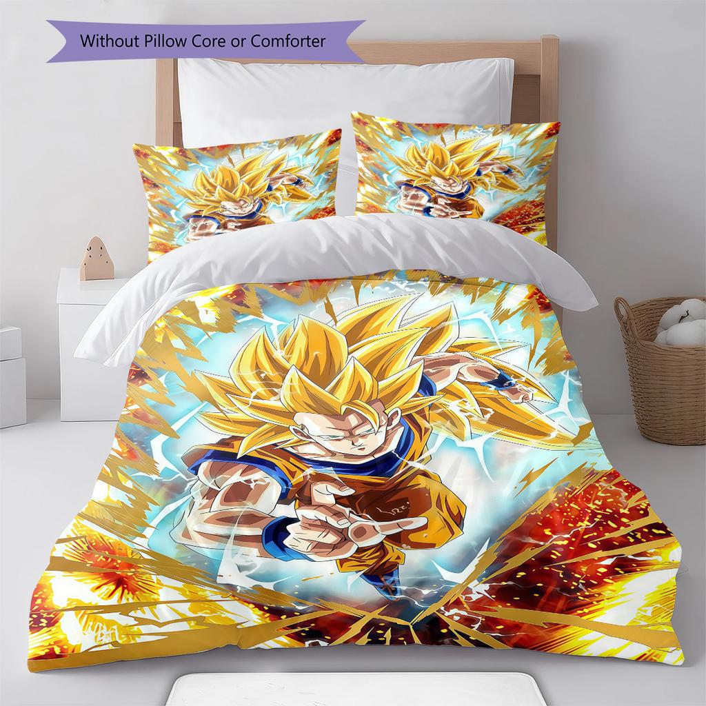Ropa de cama con estampado de Son Goku, Juego de colcha, Funda de colcha, Funda de almohada, Regalo de cumpleaños para el hogar (1 * funda nórdica + 2 * fundas de almohada, sin núcleo)
