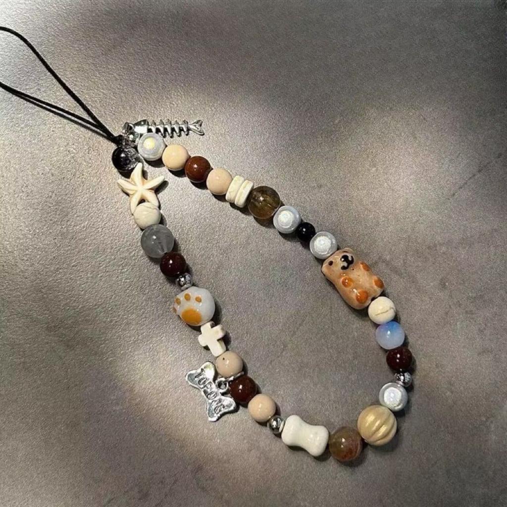 Beaded Phone Strap with Dog Bone and Fish Charm Pendant Durable Portable Phone Chain Accessory for Mobile Devices and Key Holders