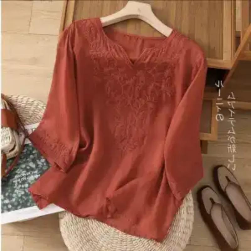 

Однотонна бавовняно-лляна жіноча літня блузка з рукавом до середини ліктя, V-подібним вирізом, вишивкою, модна, повсякденна, універсальна, тонка M червоний