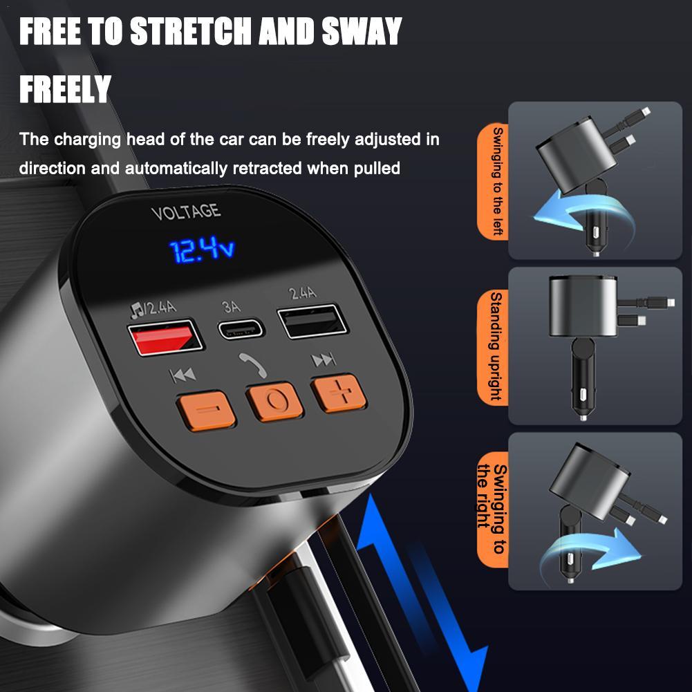 

5 In 1 Car Lighter Adapter Fast Charging Car Phone Charger With Retractable Cable 100W Fast Charging With Bluetooth Car Adapter серебряный серый