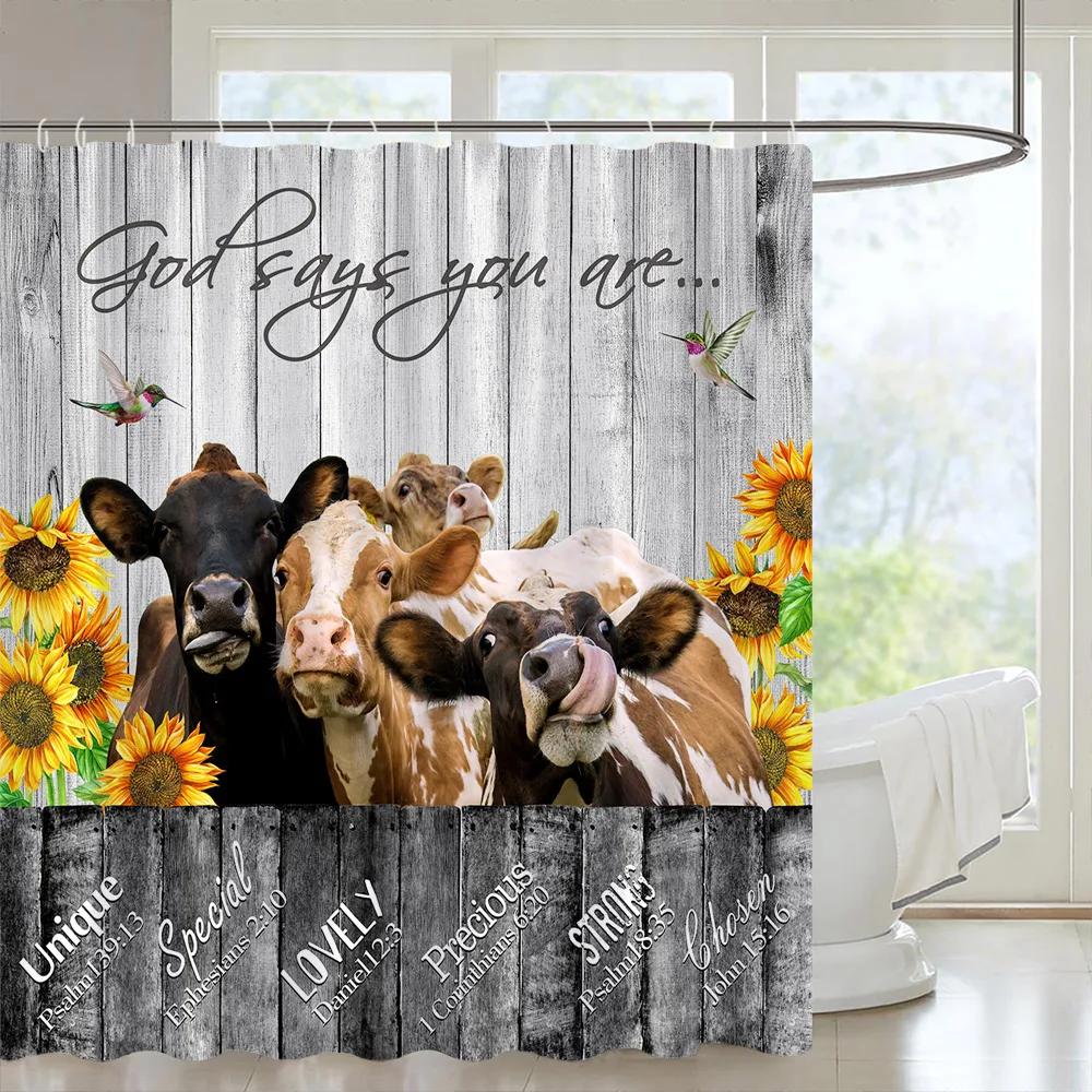 Wood Door Cow Shower Curtain Farm Animal Barn Door Wooden Wheel Pumpkin Sunflower Retro Bath Curtain Bathroom Accessories Set