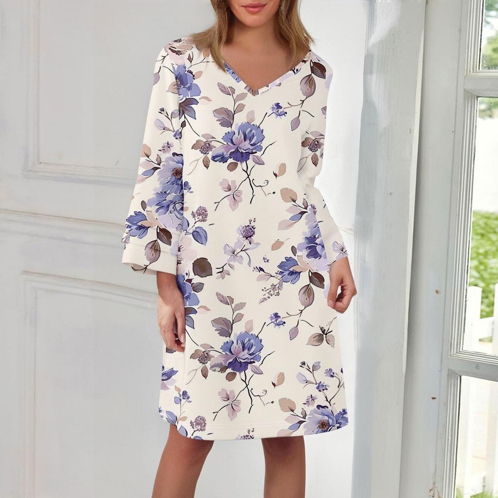 Women's Fashion V-neck Color Large Size Loose Long Large Swing 3/4 Sleeved Dress