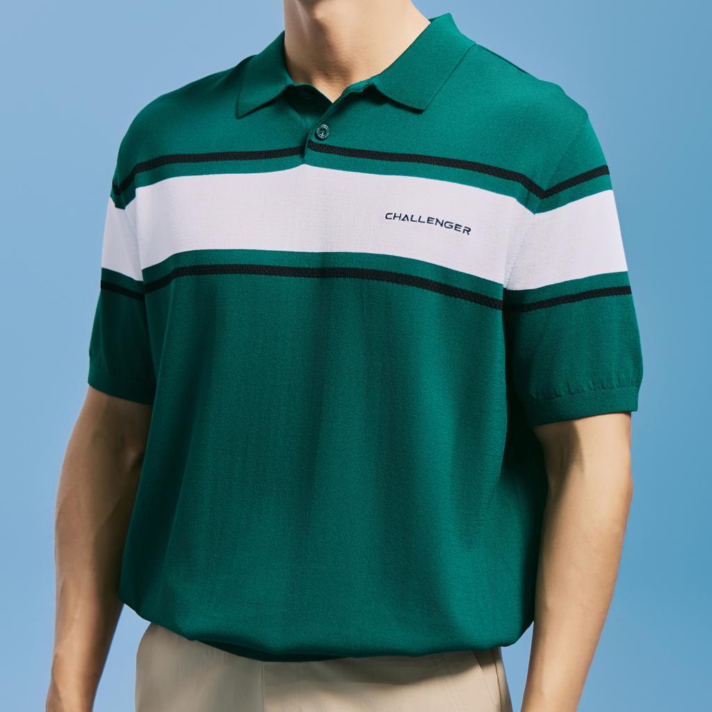 CHALLENGER Men'S Color Block Stripe Collared Knit Pullover Dark Green