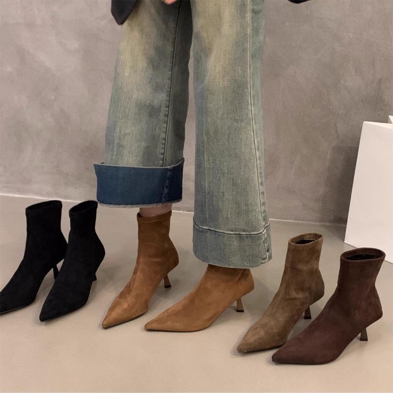 High-heeled Pointed-toe Boots, Short Boots, Women's Shoes, New Autumn and Winter Fleece Shoes