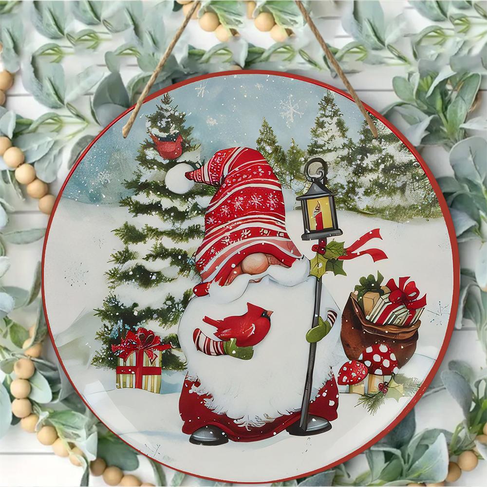 Festlig julnisse med kardinalfåglar Scen Rund Trä Hängande Plakett Vinterhögtid Väggkonst Dekoration Säsongsbetonad Inomhus Hängande Skylt Prydnad