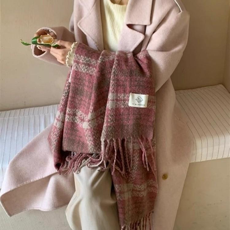 Plaid Scarf Women's Autumn and Winter New Dry Rose Pink Atmosphere Sense Advanced Sense Versatile Thickened Scarf