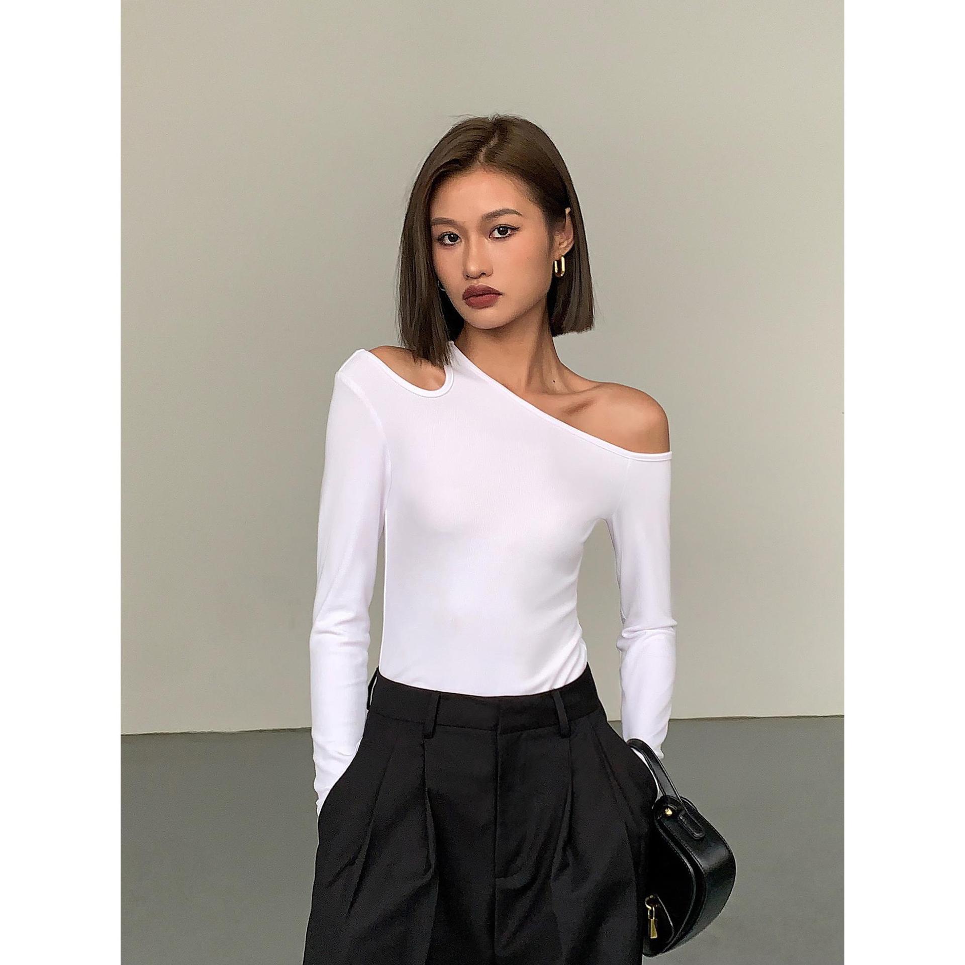 

Модные женские футболки с косым воротником и открытыми плечами, с длинными рукавами, весна 2024, новые однотонные облегающие укороченные топы, сексуальные ажурные футболки L