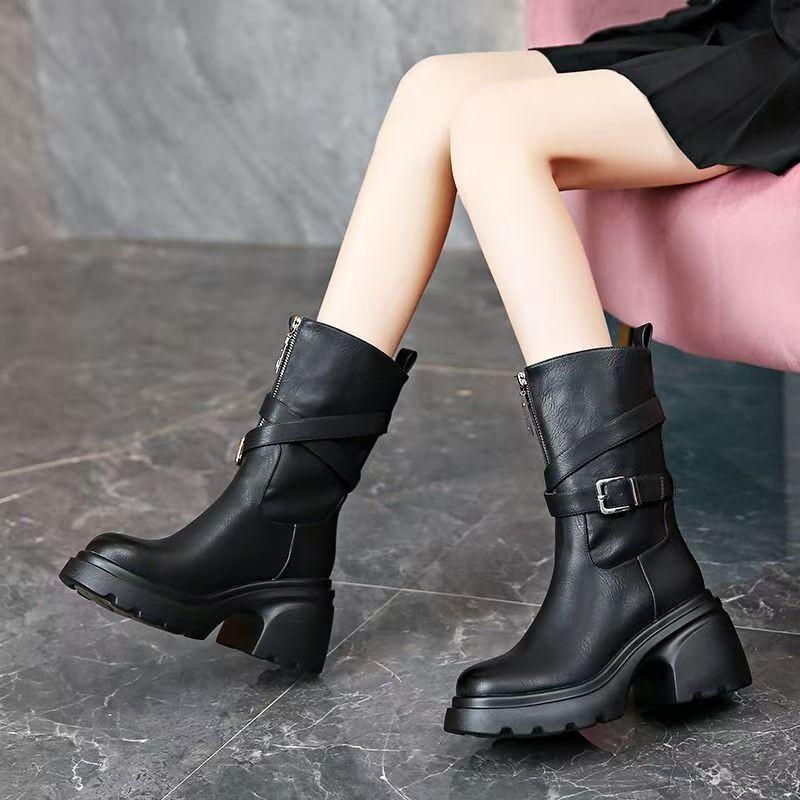 Plattform Chunky Skor Kvinnor Höga Klackar Mode Mellanvaderstövlar 2025 Trend Vinter Kvinna Snöstövlar Eleganta Pumps Läder Zapatos
