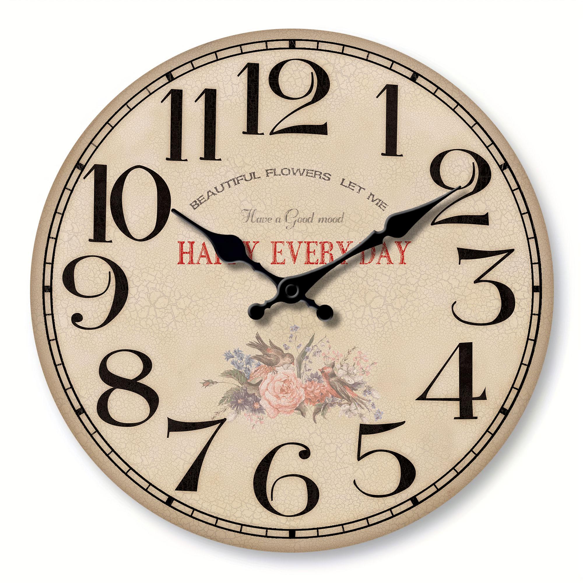 

Vintage Happy Every Day Floral Wall Clock Silent Wall Watch Bird Pattern Home Decor Creative Gift For Family Housewarming (WHITE,10 inch) білий