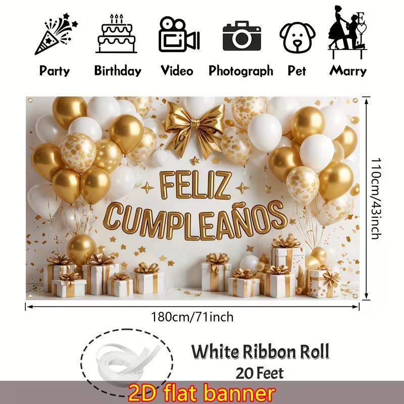 2D Feliz Cumpleaños Backdrop, Gold White Balloon & Gift Box Spanish Birthday Background Cloth