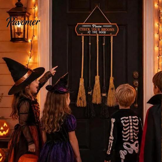 Halloween Home Decor Broom Parking Sign, Check Your Brooms Wooden Wall Hanging Sign Witch with Hooks for Indoor Outdoor Front Porch Creative