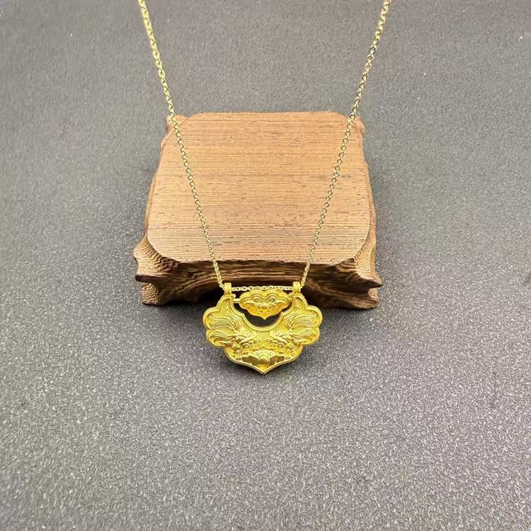 Gold-Plated Retro Chinese Koi Fish Peace Lock Necklace for Women