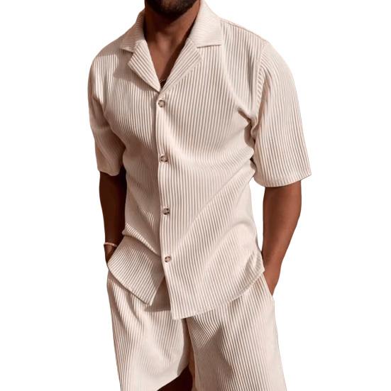 2Pcs/Set Men Outfit Lapel Short Sleeve Single Breasted Shirt Elastic Waist Pockets Wide Leg Shorts Set Waffle Texture Outfit