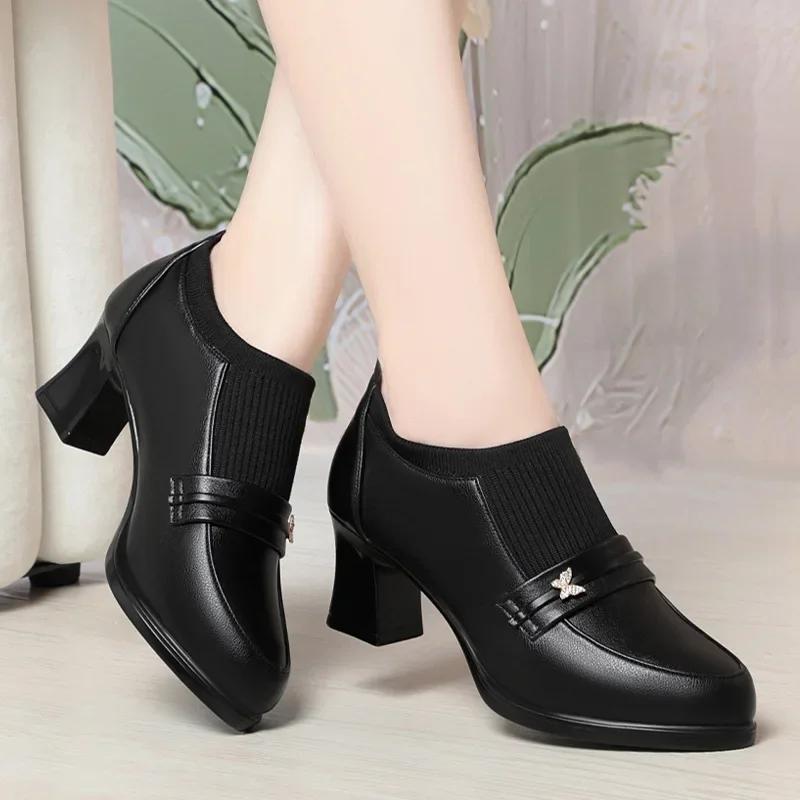 

5.5cm 7.5cm Comfortable Black Butterfly Flexible Platform Pumps Women 2026 Spring Block High Heels Shoes for Office Model Mom 35