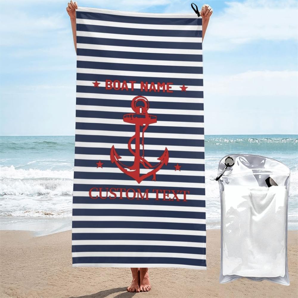 Customizable Nautical Anchor Striped Beach Towel Polyester Bath Mat Gift for Boat Pool Summer Coastal Sailor Decor