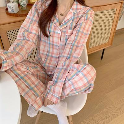 Cute Plaid Children's Pajamas Set Korean Style Autumn and Winter New Long-sleeved Casual Pajamas Women's Loose Pajamas Home Wear Set