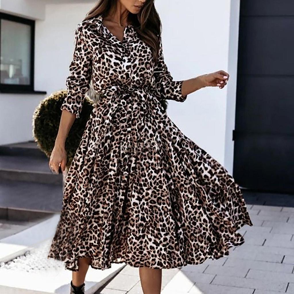 Fashion Sexy Printed Long Dress Stand Collar Single Breasted Leopard Dress