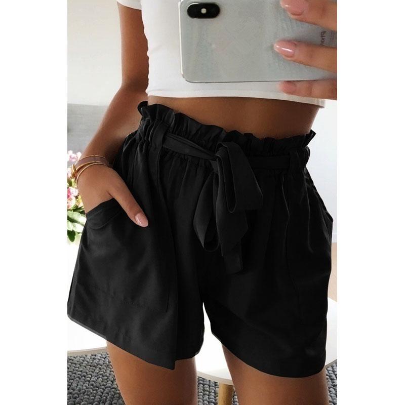 Women Summer Fashion Lace Up Short Pants Casual High Waist Pure Color Crepe Woven Tie Beach Shorts Pocket Cotton Short Pants