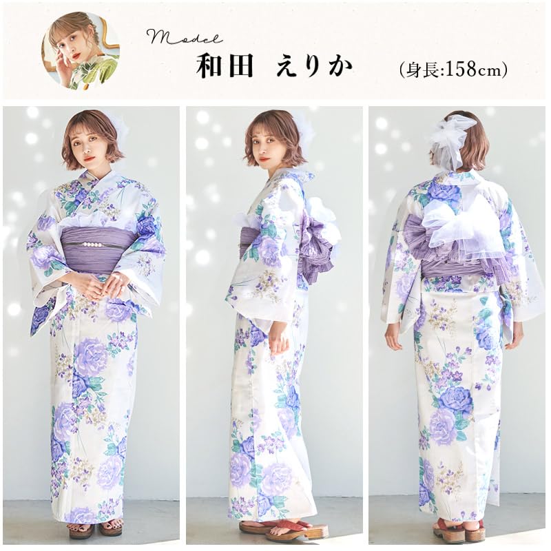 (Dita) Women's Yukata 5-Piece Set: Heiko Obi (Sash), Purple and White Rose Floral Pattern, Fancy, Girly, Antique, Large Pattern, Easy to Wear by One
