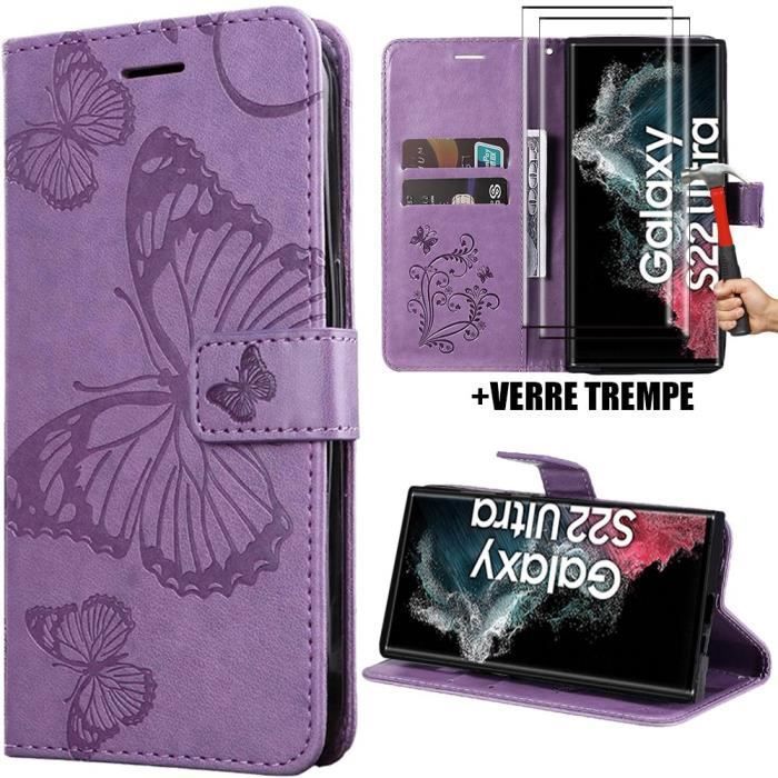 Coque - Booling - pour Samsung Galaxy S22 Ultra - Cuir Synthétique - Violet - Motif Papillon -2 Verres
