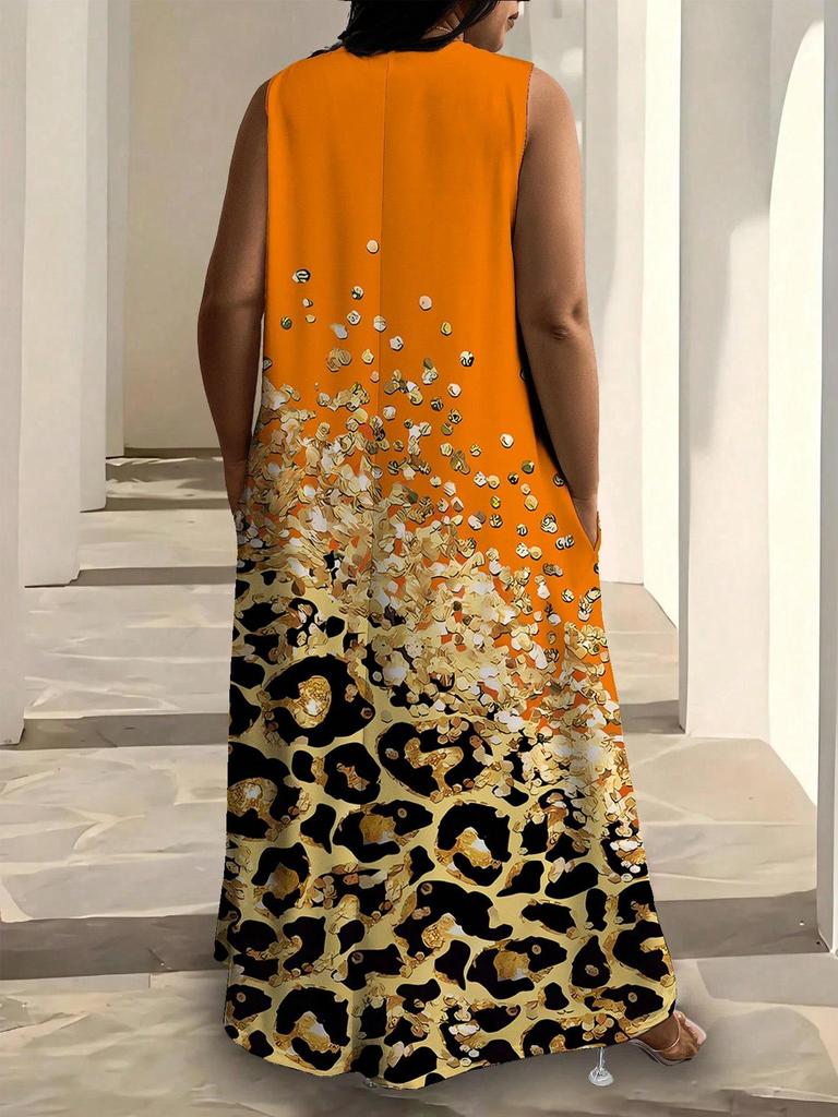 Plus Size African Impressionist Gold Leopard Sleeveless Long Dress