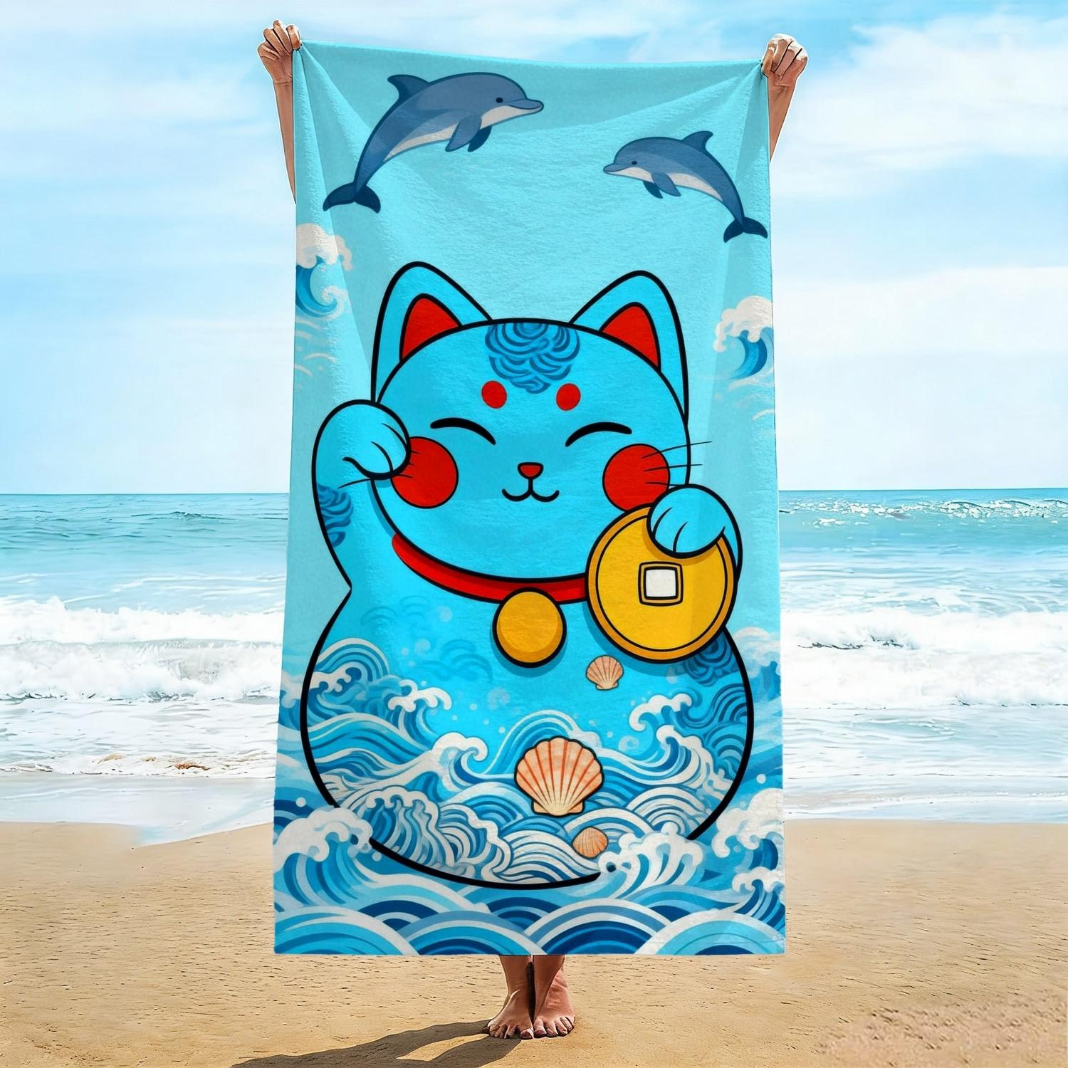 

Vibrant Summer Beach Towel, Cute Maneki Neko with Blue Wave & Dolphin Print Bath Towel, Lucky Charm Vacation Beach Blanket W30*H60(CM)