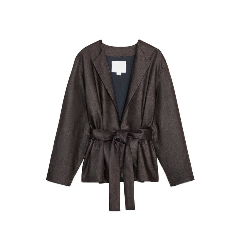 With Belt Round Neck Kimono Coat 8426329 Linen Blended Balloon Mid Waist Pants 7627242