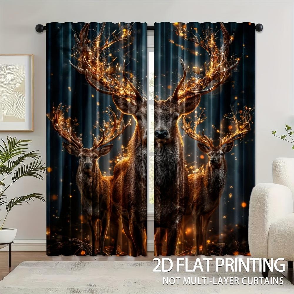 2pcs Magic Deer Winter Forest Curtains - Semi-Sheer Polyester Rod Pocket Curtains with Glowing Deer & Glowing Eyes   for Living R