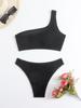2025 European & American Solid Color One-Shoulder High-Waisted Bikini Swimsuit