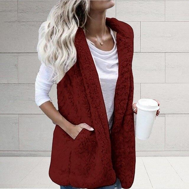 2021, toamnă iarnă, vestă de blană artificială cu glugă, pentru femei, pufoasă, caldă, cardigan, haină, veste cu buzunare, jachetă Sherpa pentru femei