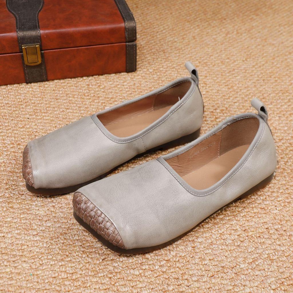 2025 Autumn Women's Retro Genuine Leather Square Toe Slip-On Ballet Flats