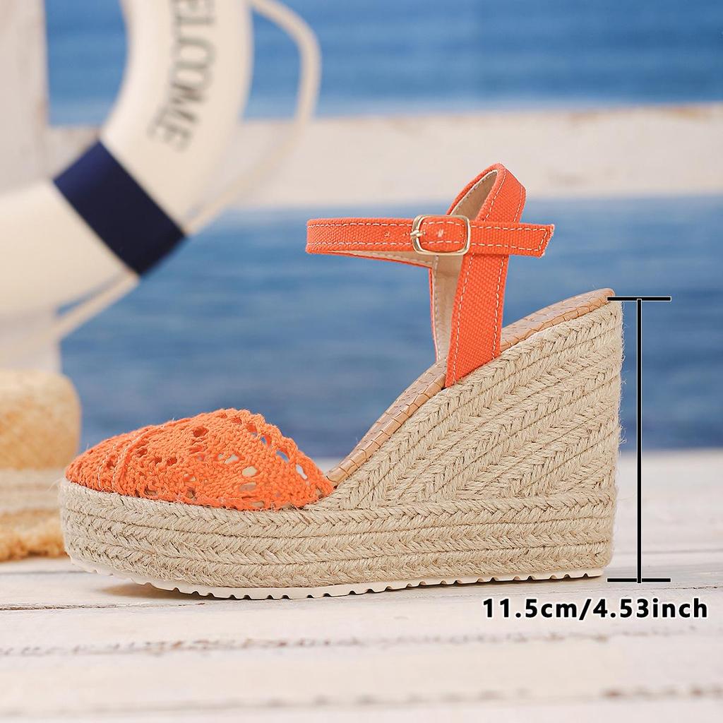 Women's Closed-Toe Wedge Sandals - Thick Sole, Waterproof Platform, Espadrille Style with Hemp Rope and Single Strap.