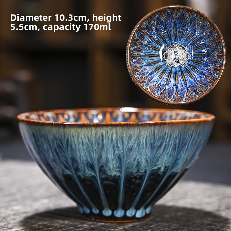 

Glaze Crystal Silver Inlaid Master Tea Cup, Ceramic Gold Gilded Tea Set, Gongfu Tea Cup & Jian Zhan Bowl for Home Brewing 200ml