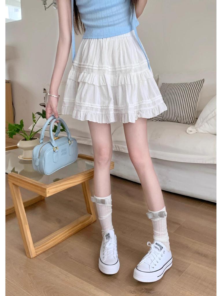 Summer 2025 Women's High-Waist White A-Line Puffy Skirt - Anti-Exposure, Hip-Wrapped Design