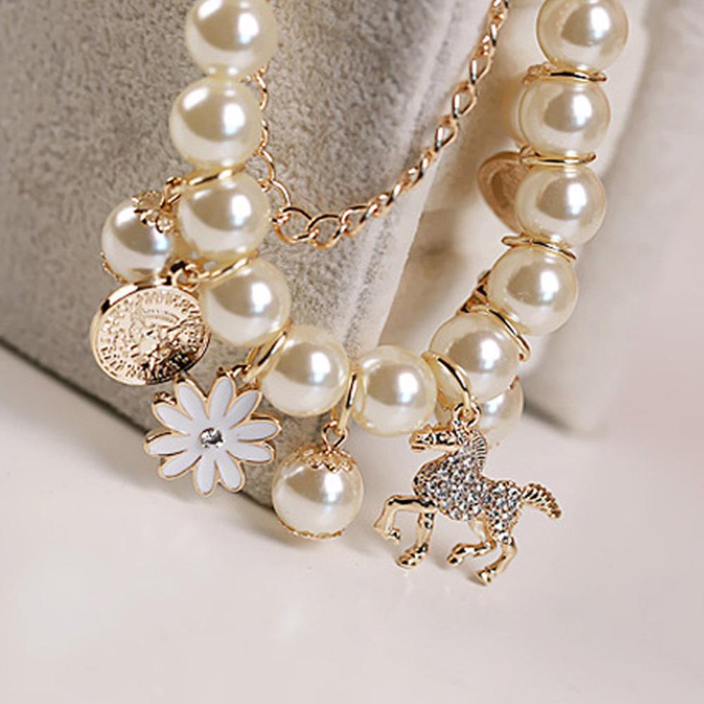 Bangle Bracelets Heart Flower Pearl Crystal Beaded Bracelet for Women Jewelry
