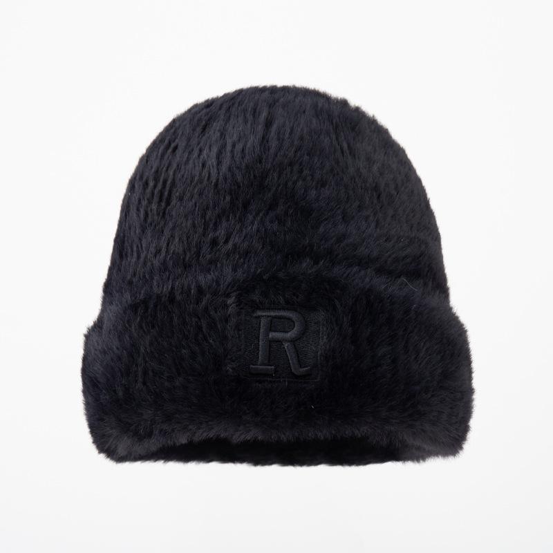Korean New Winter Hat for Women's Big Head Wing Letter Wool Hat Imitation Mink Hair Autumn and Winter Warm Knit Hat Trend