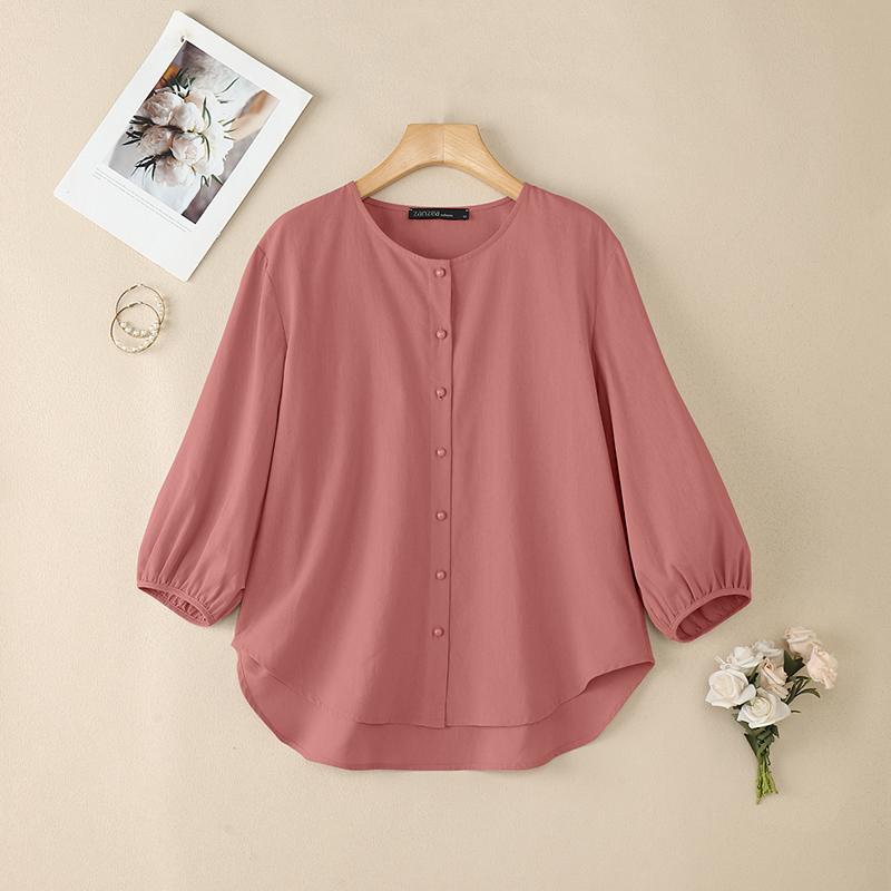 ZANZEA Damen Freizeit Rundhals Einfarbig 3/4 Ärmel Bluse