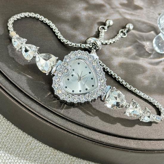 Women's Heart Shaped Bracelet Watch Rhinestone Heart Quartz Wristwatch Adjustable Slider Bracelet Dress Watch