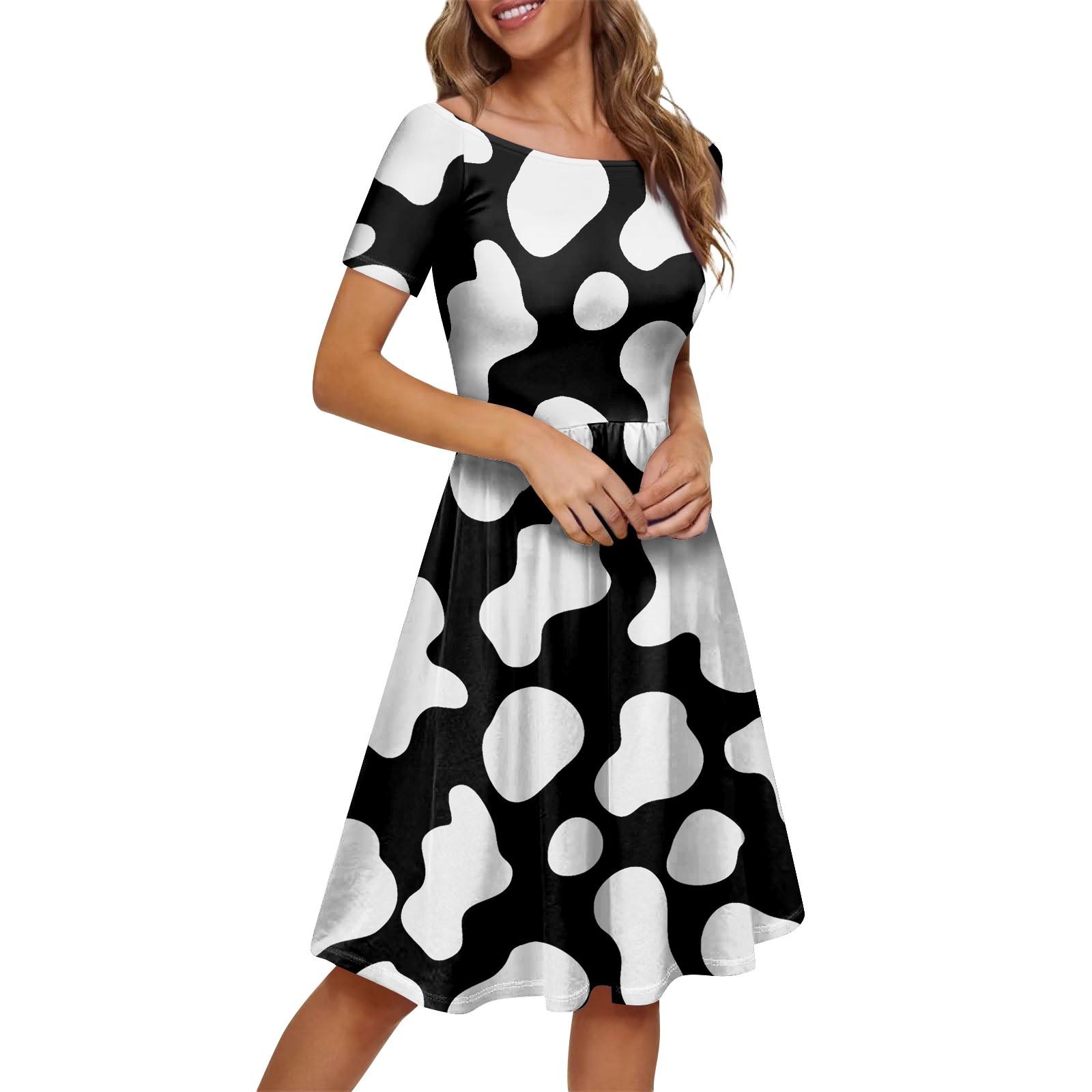 

Женское платье с коротким рукавом реглан с круглым вырезом и большим вырезом с открытыми плечами, платье с принтом молочных полосок S чёрный