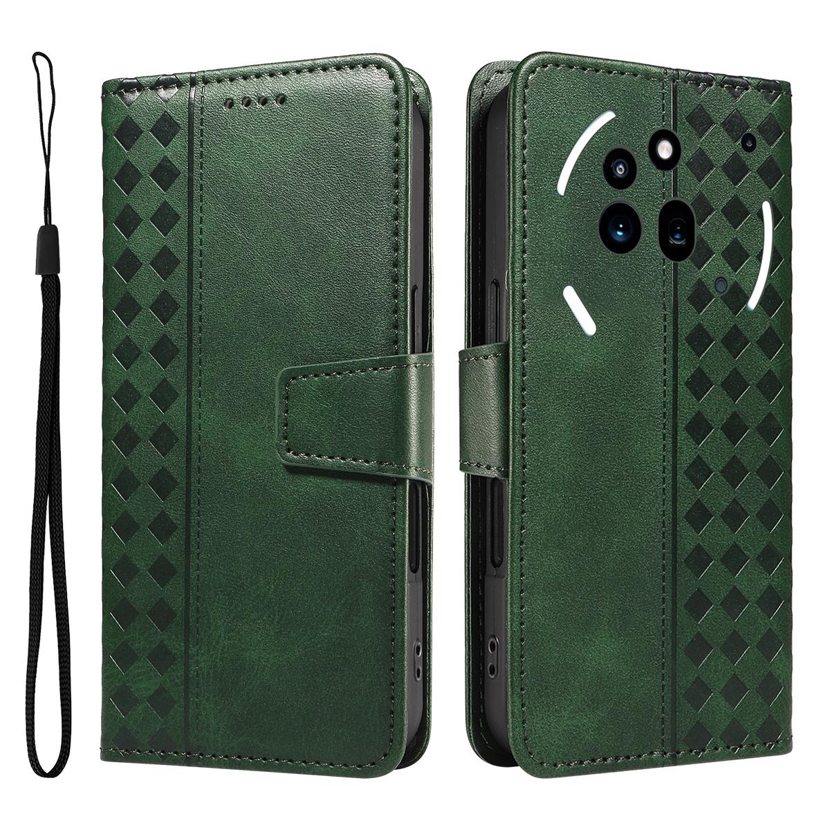 

For Nothing Phone (3a) Pro Leather Case Wallet Stand Grids Imprint Phone Cover with Strap E