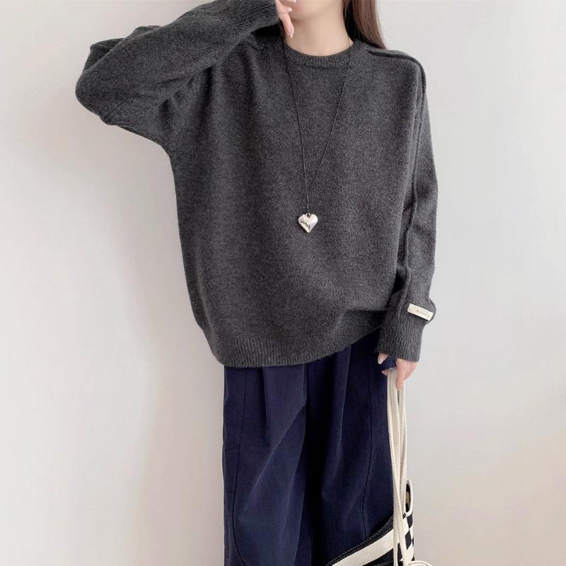 Retro round neck solid color versatile pullover sweater women's autumn and winter new loose and thin knitted sweater top