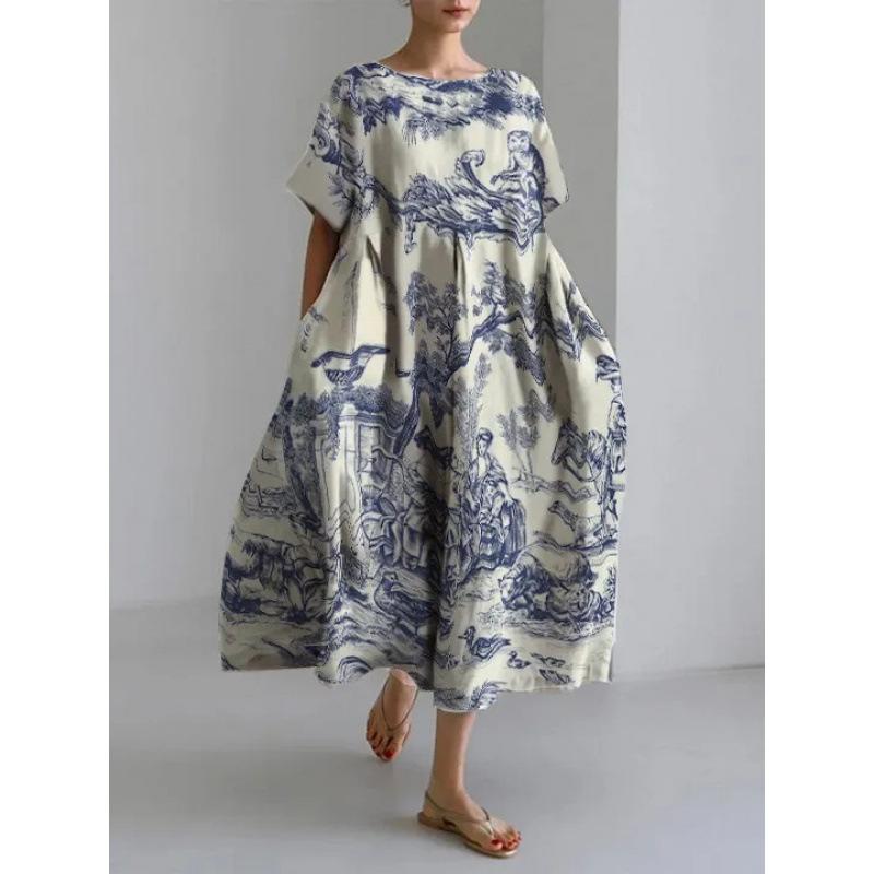 Damen Sommer Übergröße Gestreiftes Print Maxikleid, Lässiges Lockeres Rundhals Kurzarm Oversized A-Linien-Kleid